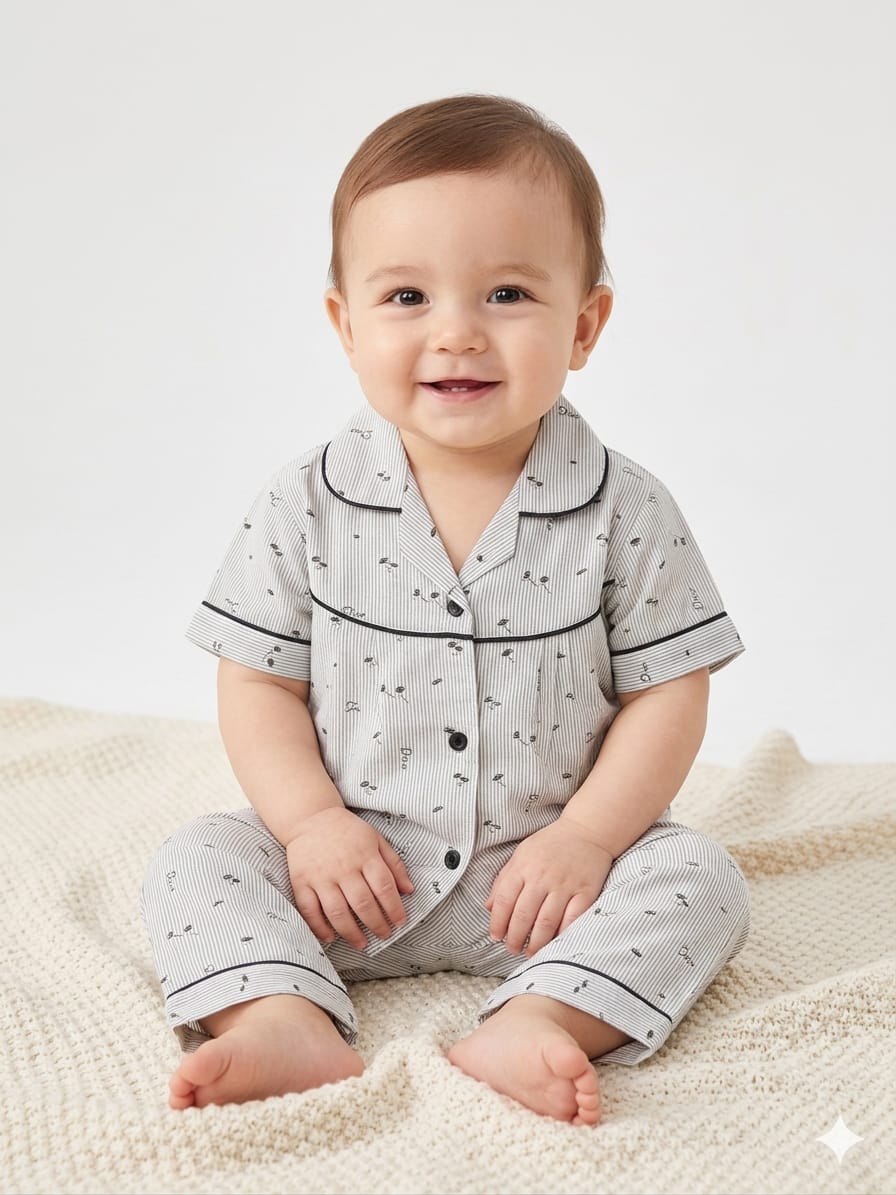 Shah Garments Premium Quality Baby Boy Night Suit – Comfortable Cotton PJs Set (Half Sleeves Button-Down Shirt & Trouser)