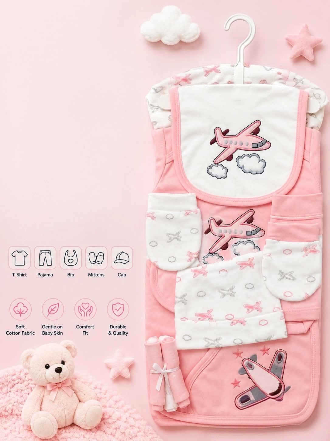 Premium 5-Piece Newborn Cotton Airplane Theme Gift Set (T-Shirt, Pajama, Bib, Mittens &