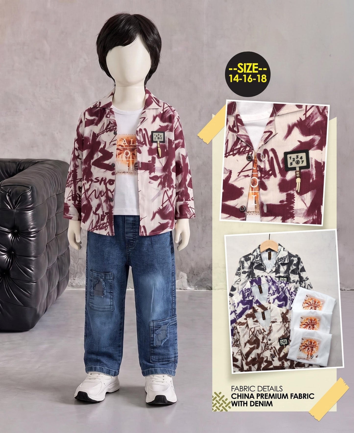 🎨 Boys Trendy Abstract Shirt & Denim Set