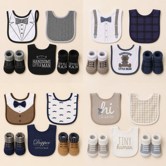 5-Piece Baby Boy Gift Set – Premium Bibs & Anti-Slip Socks Set | Handsome Little Man | Newborn to 12 Months