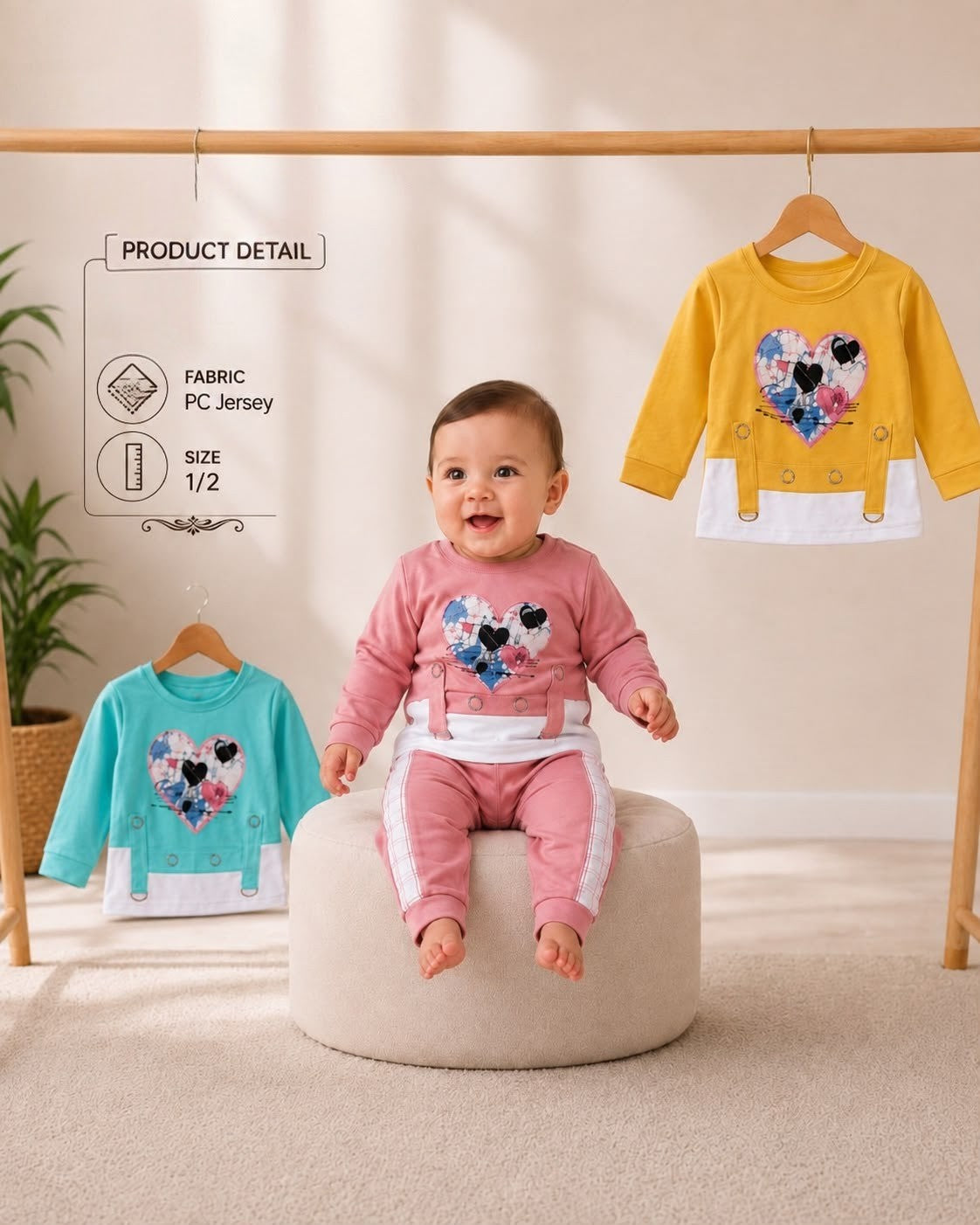 ✨ Al Saad Garments – Premium Baby Heart Print PC Jersey Tracksuit Set 💖 (Size 1 / 2)