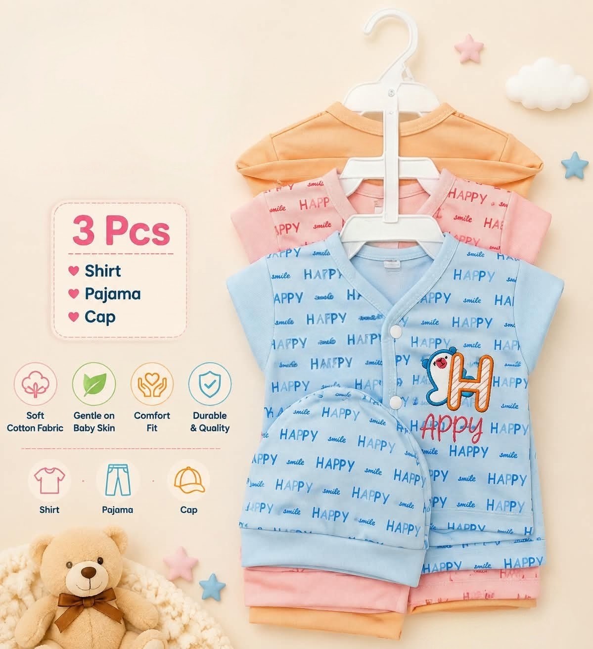 Soft Cotton 3-Piece Baby Suit Set (Shirt + Pajama + Cap) pack of 3