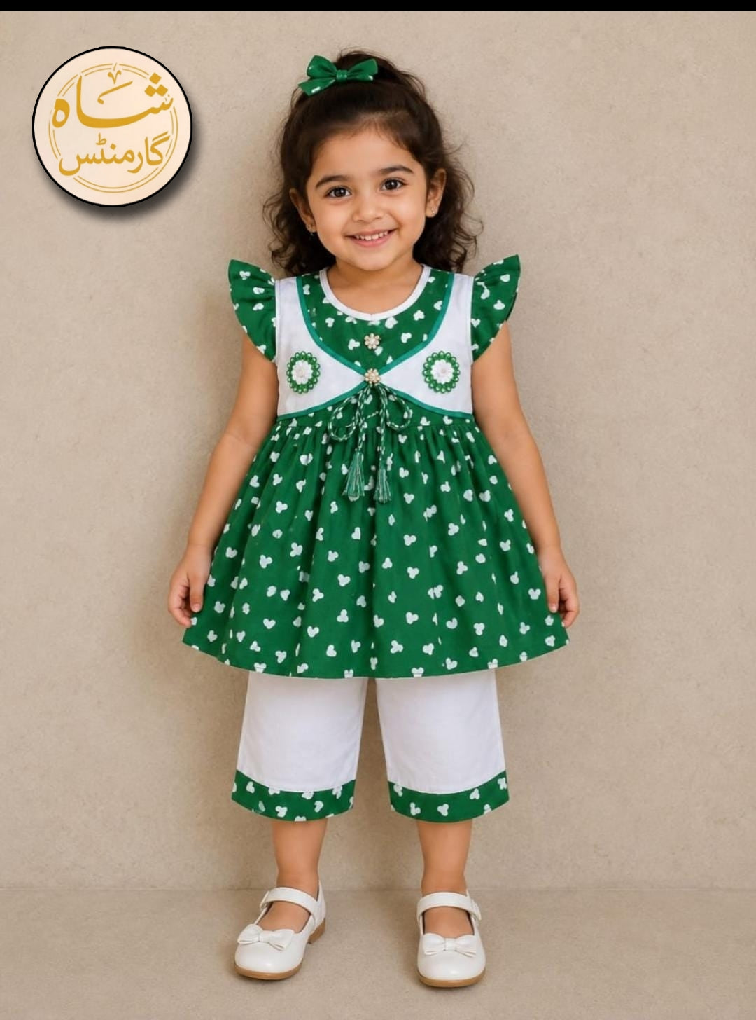 14th August Baby Girls Green Printed Dress Set with Capri | Premium Cotton | Shah Garments