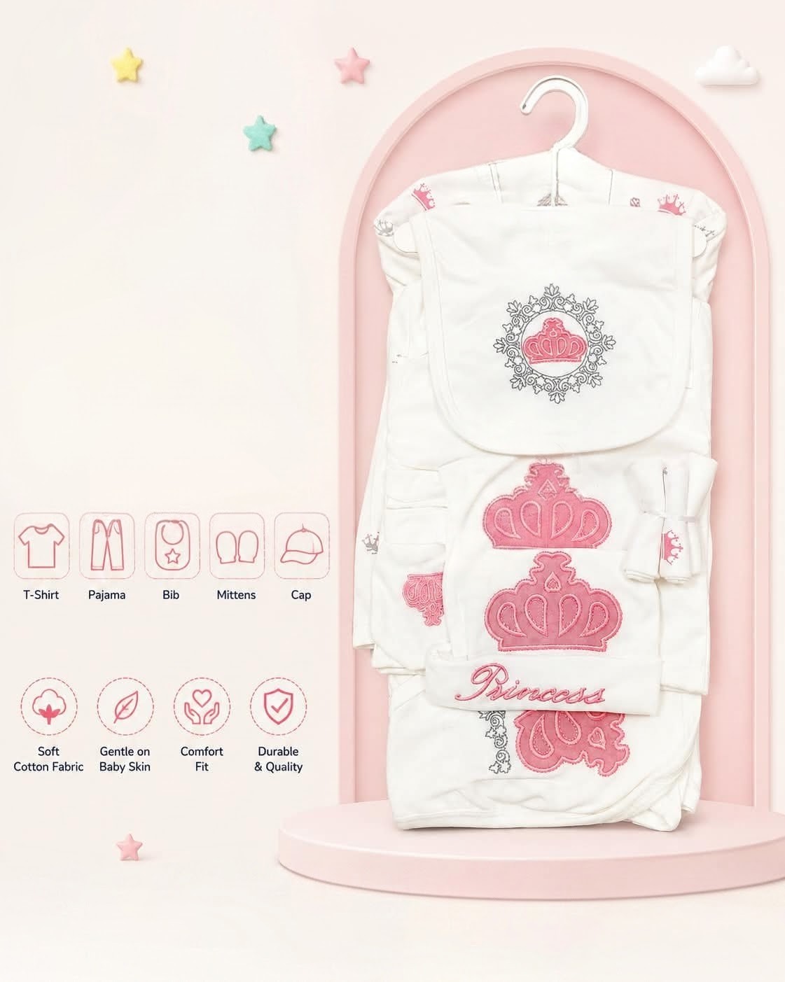 Premium Cotton 5-Piece Newborn Princess Gift Set (T-Shirt, Pajama, Bib, Mittens & Cap)