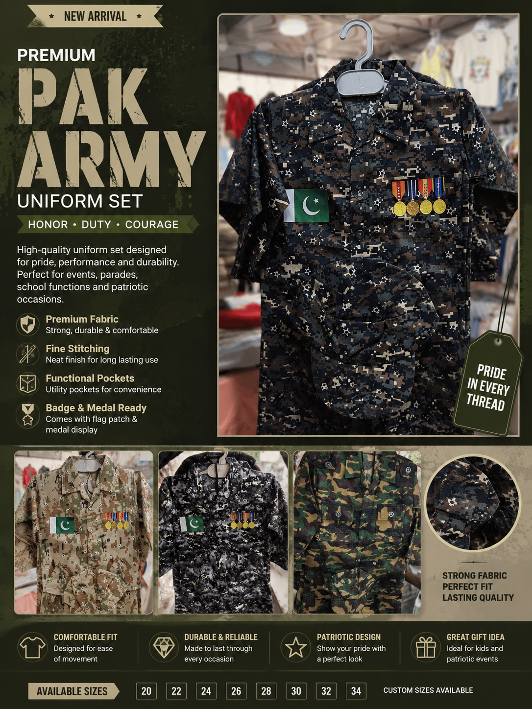 Pakistan Army Camouflage Uniform Costume with Cap & Medals