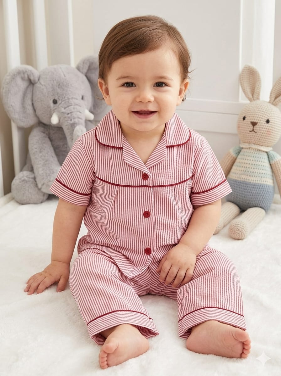 Shah Garments Premium Quality Baby Boy Night Suit – Comfortable Cotton PJs Set (Half Sleeves Button-Down Shirt & Trouser)