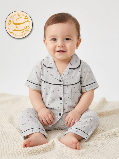 Shah Garments Premium Quality Baby Boy Night Suit – Comfortable Cotton PJs Set (Half Sleeves Button-Down Shirt & Trouser)