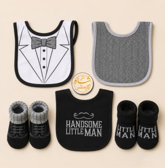 5-Piece Baby Boy Gift Set – Premium Bibs & Anti-Slip Socks Set | Handsome Little Man | Newborn to 12 Months