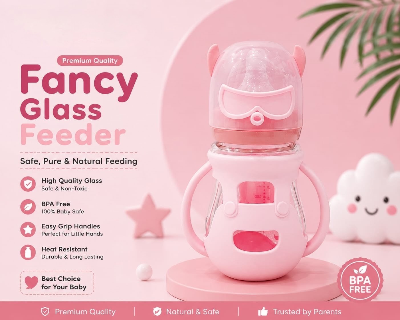 Premium Fancy Glass Feeder with Goggles Cap & Protective Cover