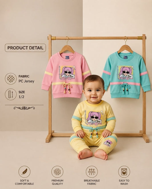🕶️ Cool Anime Girl Printed PC Jersey Baby Tracksuit Set ✨ (Size 1 / 2)