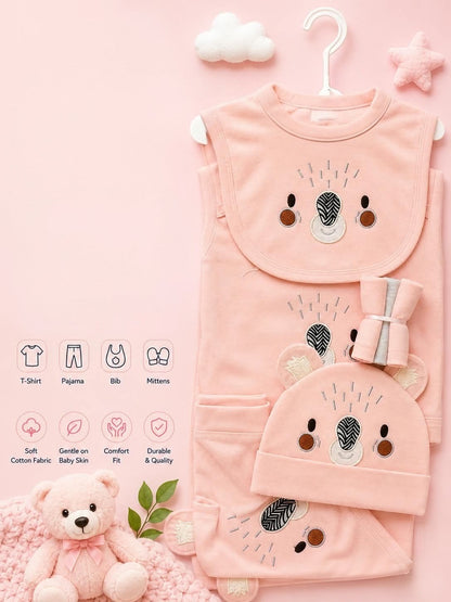 Premium 5-Piece Newborn Cotton Koala Face Gift Set (T-Shirt, Pajama, Bib, Mittens & Cap)