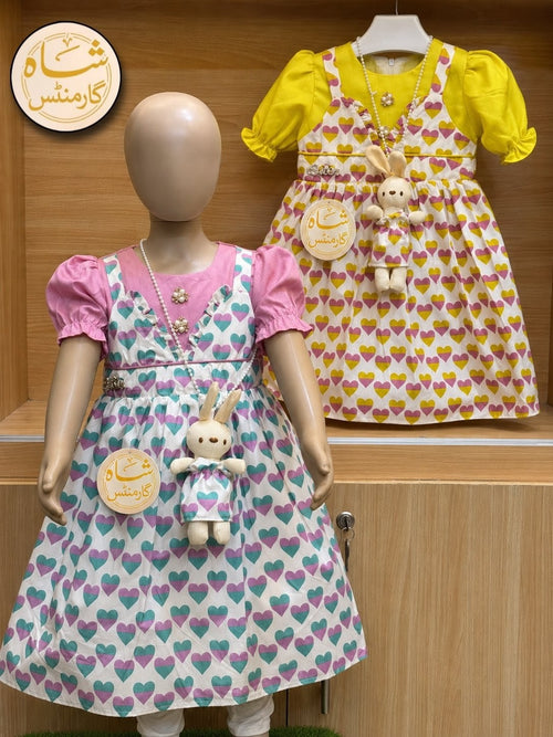Shah Garments Girls Heart Print Party Dress with Cute Bunny Bag