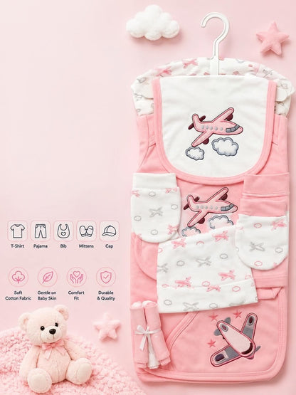 Premium 5-Piece Newborn Cotton Airplane Theme Gift Set (T-Shirt, Pajama, Bib, Mittens &