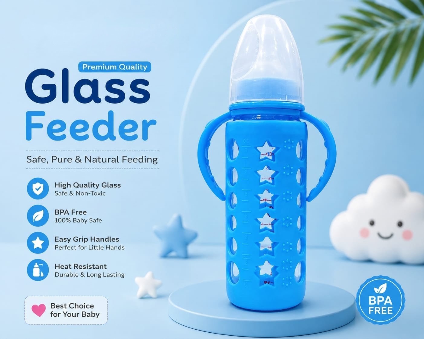 Premium Glass Feeder Bottle with Anti-Drop Silicone Cover & Easy Handles