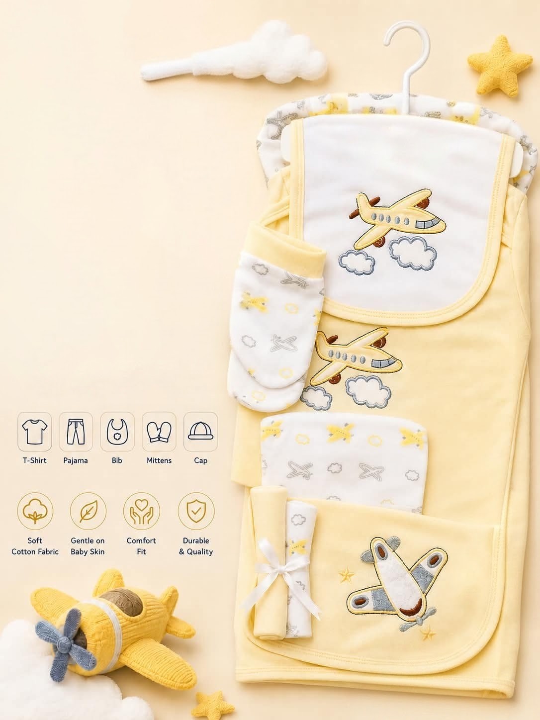 Premium 5-Piece Newborn Cotton Airplane Theme Gift Set (T-Shirt, Pajama, Bib, Mittens &