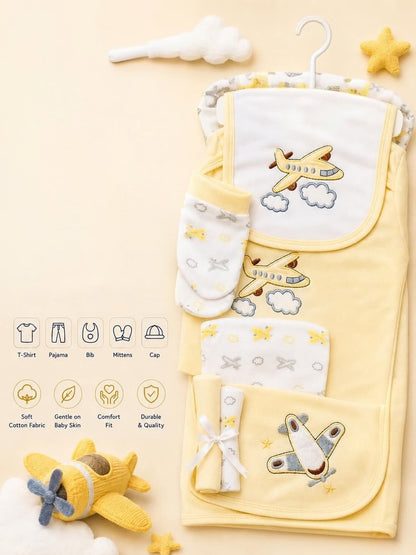 Premium 5-Piece Newborn Cotton Airplane Theme Gift Set (T-Shirt, Pajama, Bib, Mittens &