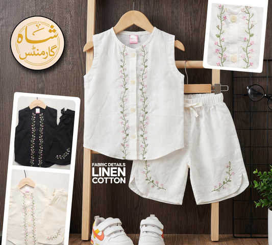 Shah Garments Kids Linen Cotton 2-Piece Embroidered Outfit Set