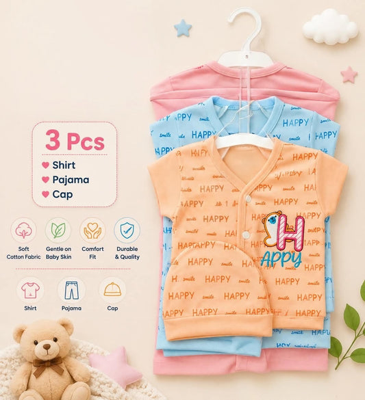 Soft Cotton 3-Piece Baby Suit Set (Shirt + Pajama + Cap) pack of 3