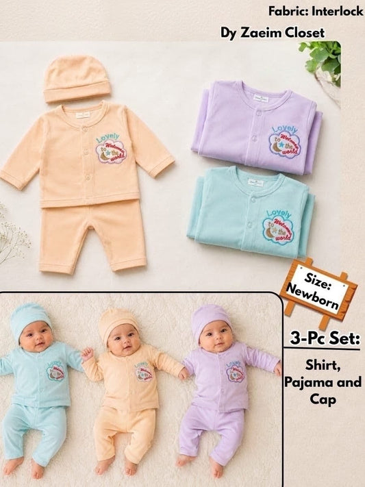 Lovely Welcome Newborn Set – 3 Pcs | Shirt, Pajama & Cap