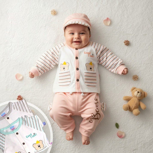 👶 Cute Bear Print Unisex Baby 3-Piece Clothing Set (Jacket, Trouser & Cap) ✨