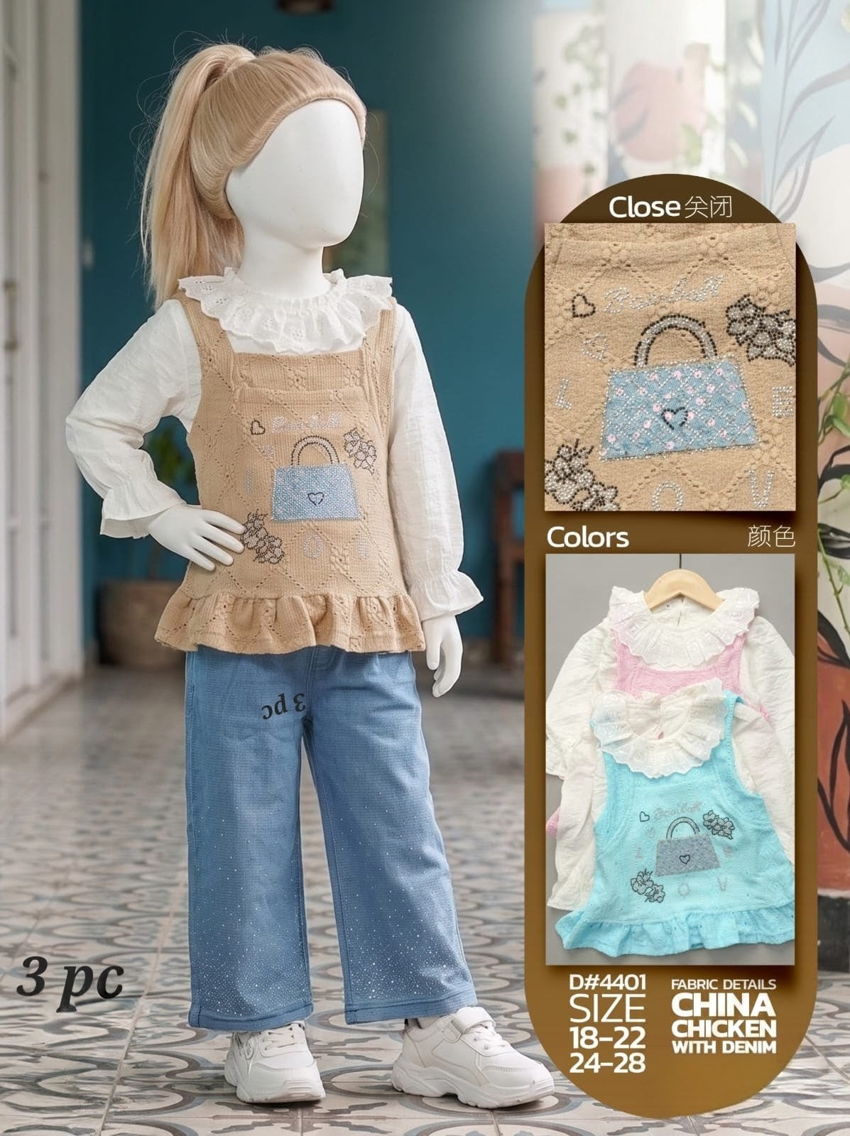 Girls Premium 3-Piece Top & Denim Set | Shah Garments