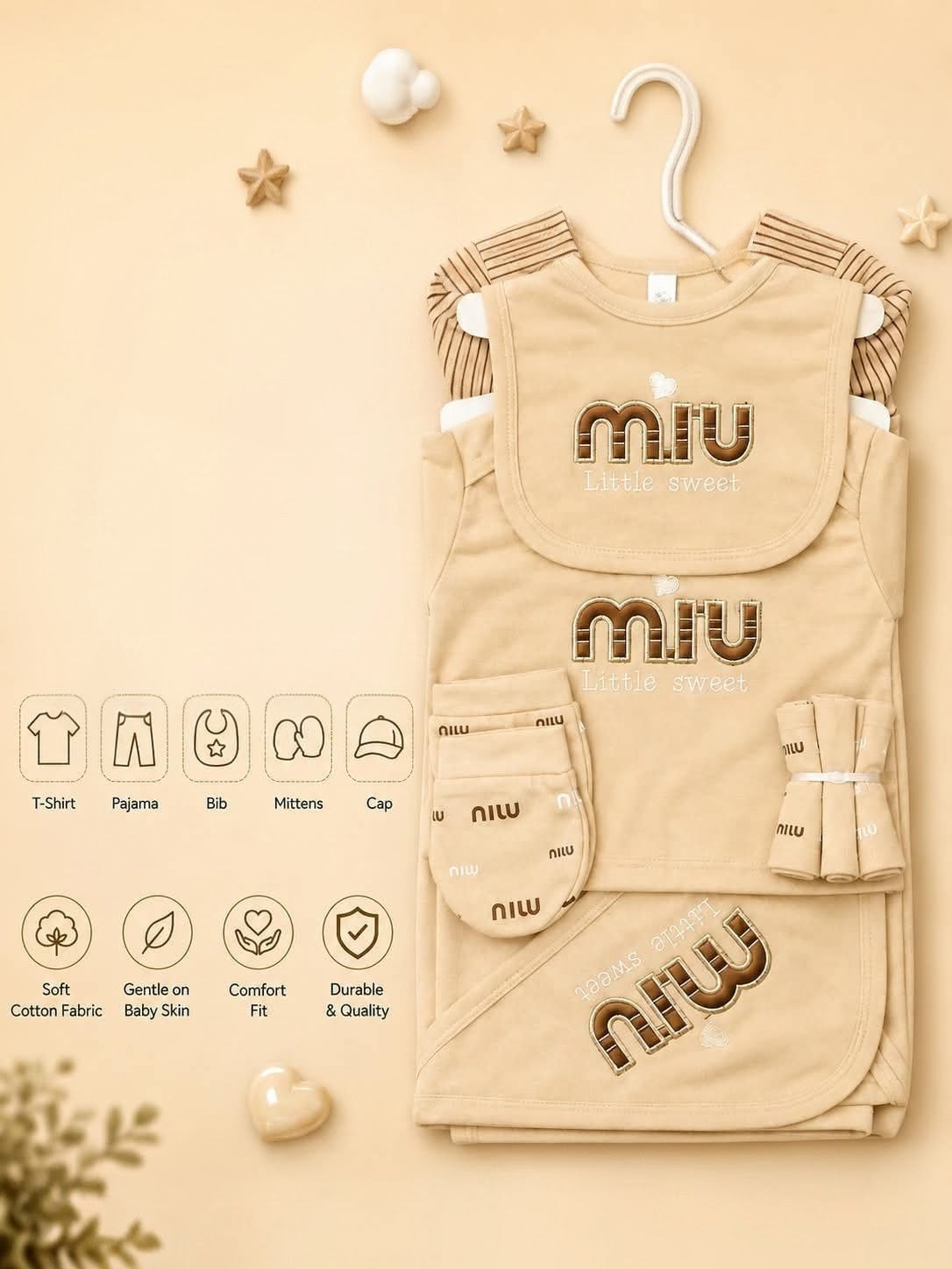 Premium 5-Piece Newborn Cotton Set (T-Shirt, Pajama, Bib, Mittens & Cap)
