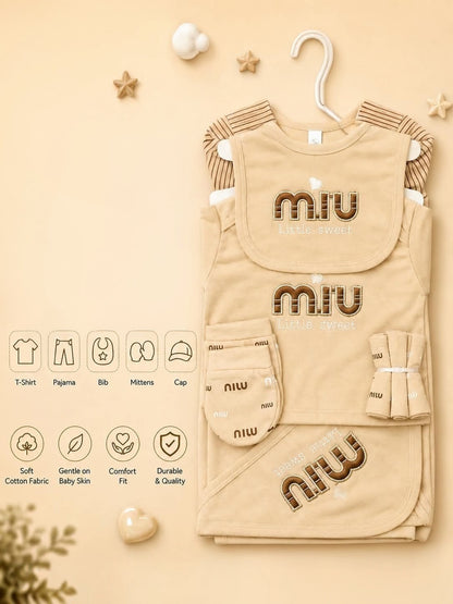 Premium 5-Piece Newborn Cotton Set (T-Shirt, Pajama, Bib, Mittens & Cap)