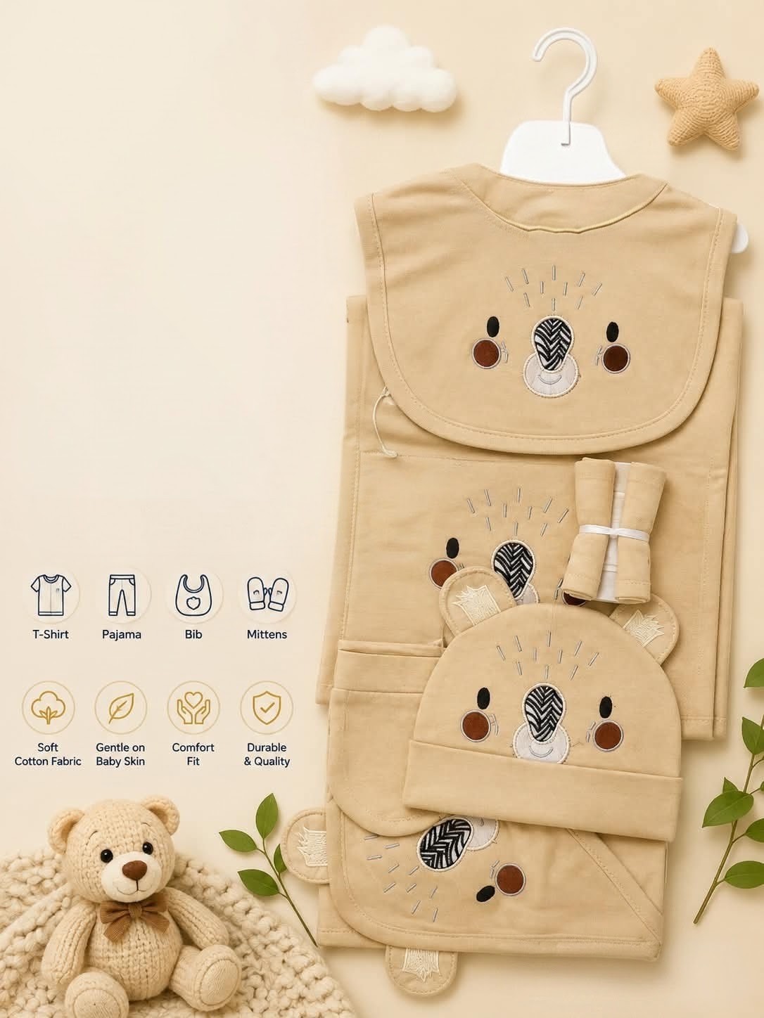Premium 5-Piece Newborn Cotton Koala Face Gift Set (T-Shirt, Pajama, Bib, Mittens & Cap)