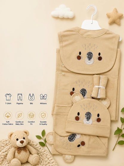 Premium 5-Piece Newborn Cotton Koala Face Gift Set (T-Shirt, Pajama, Bib, Mittens & Cap)