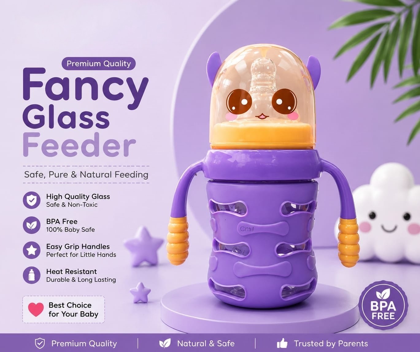 Premium Fancy Glass Baby Feeder with Cute Character Cap & Protective Sleeve