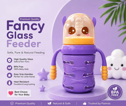 Premium Fancy Glass Baby Feeder with Cute Character Cap & Protective Sleeve