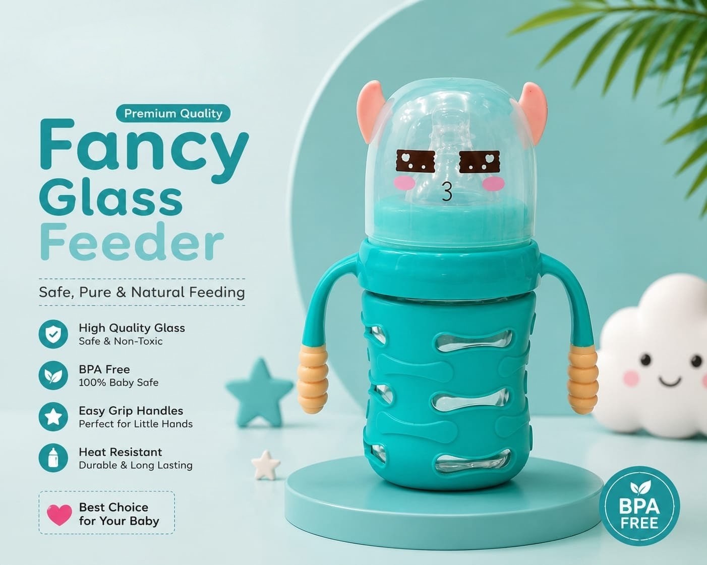 Premium Fancy Glass Baby Feeder with Cute Character Cap & Protective Sleeve