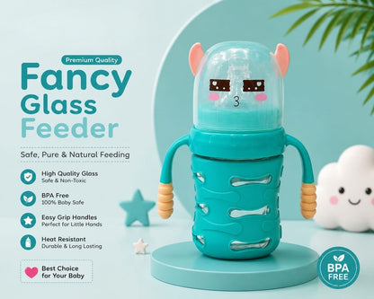 Premium Fancy Glass Baby Feeder with Cute Character Cap & Protective Sleeve