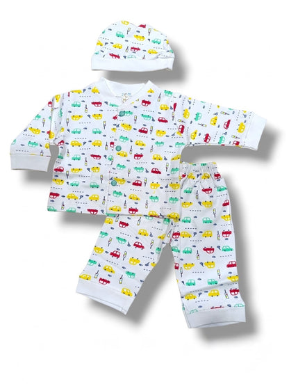 3-Piece Printed Baby Pajama & Cap Set 🍼