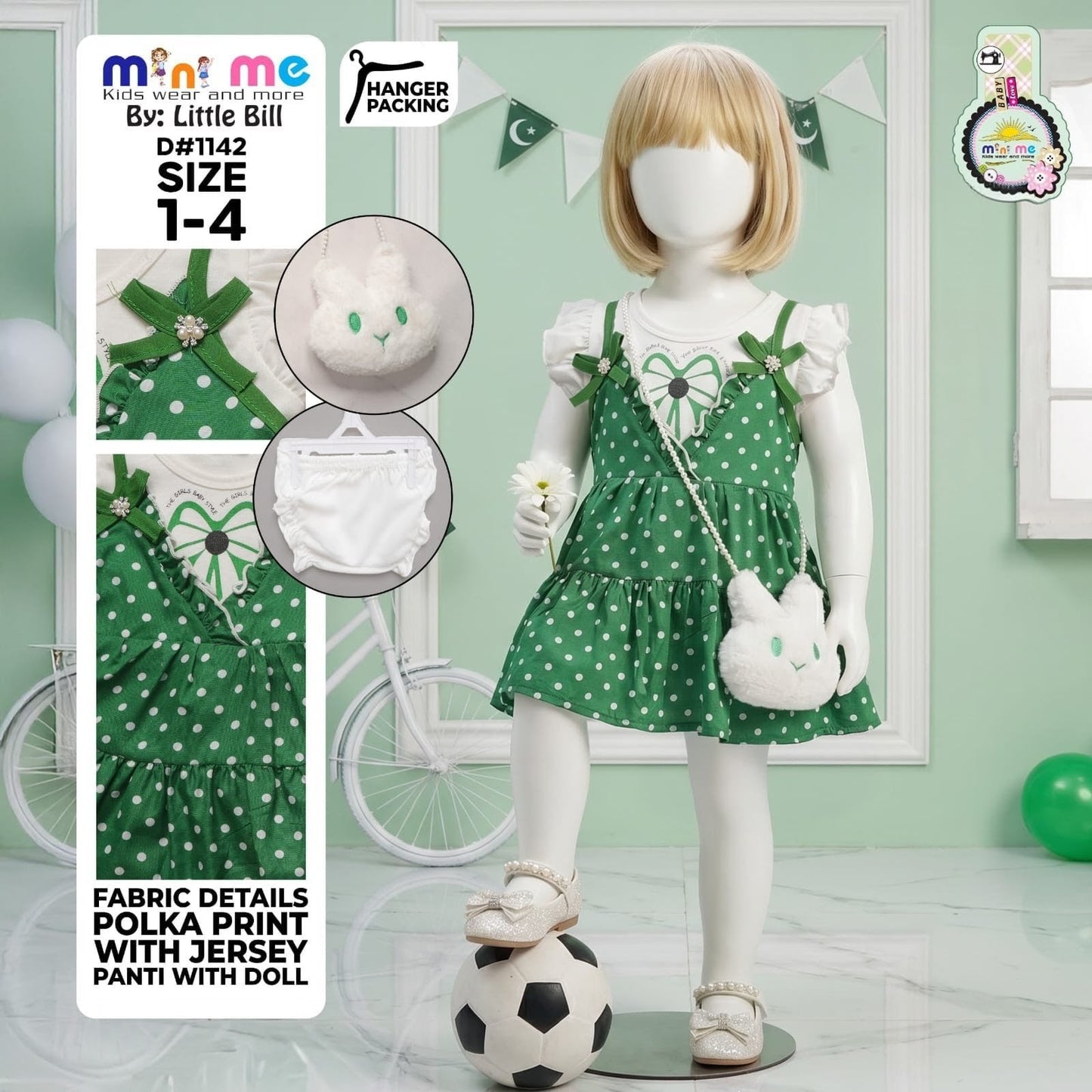 14th August Baby Girls Green Polka Dress Set with Bunny Bag | Premium Cotton | Shah Garments