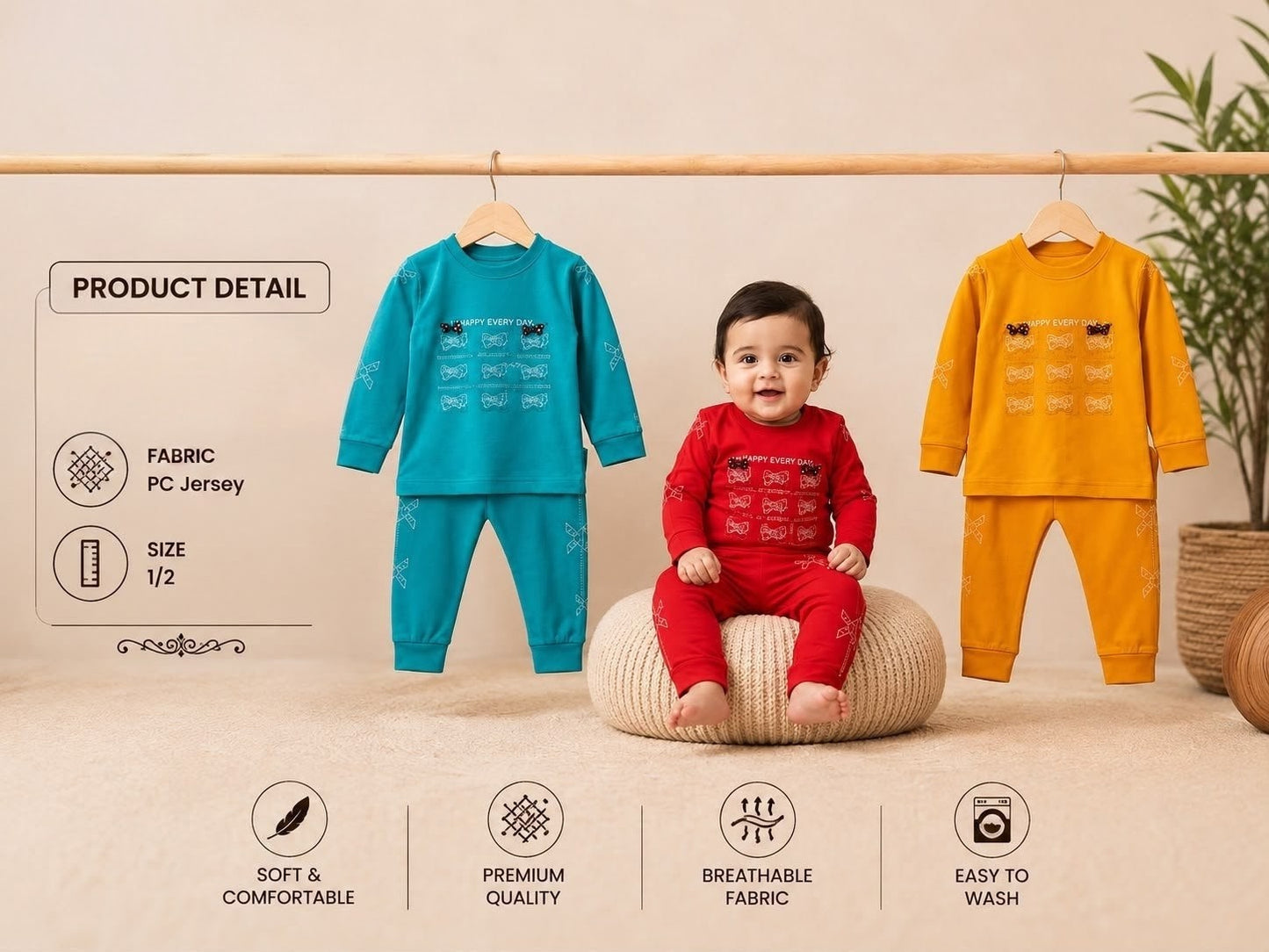 ✨ Happy Every Day Printed PC Jersey Baby Suit Set 😊 (Size 1 / 2)