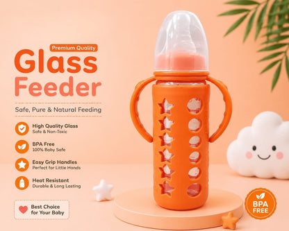 Premium Glass Feeder Bottle with Anti-Drop Silicone Cover & Easy Handles