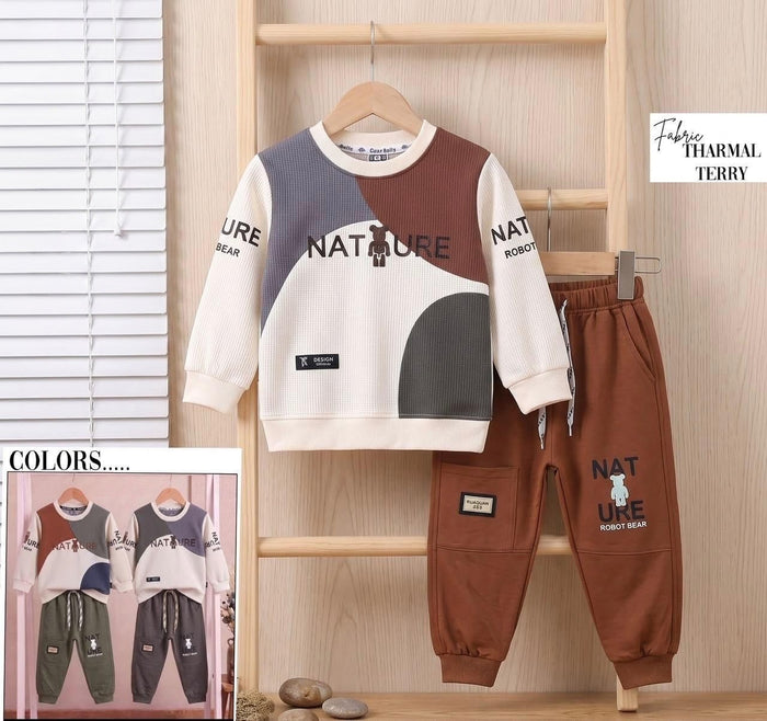 🍁 Kids "Nature Bear" Block-Print Thermal Terry Suit ❄️