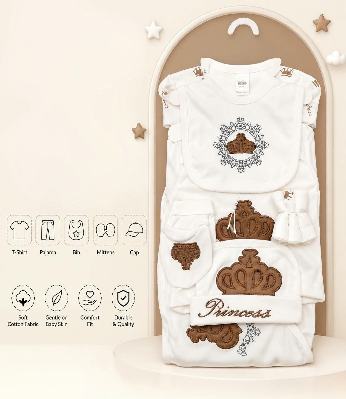 Premium Cotton 5-Piece Newborn Princess Gift Set (T-Shirt, Pajama, Bib, Mittens & Cap)
