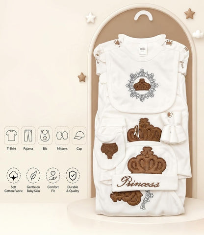 Premium Cotton 5-Piece Newborn Princess Gift Set (T-Shirt, Pajama, Bib, Mittens & Cap)