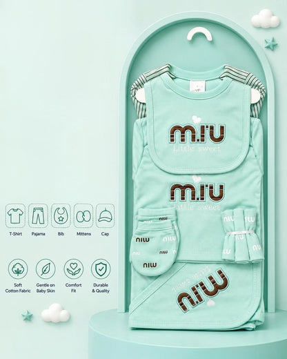 Premium 5-Piece Newborn Cotton Set (T-Shirt, Pajama, Bib, Mittens & Cap)