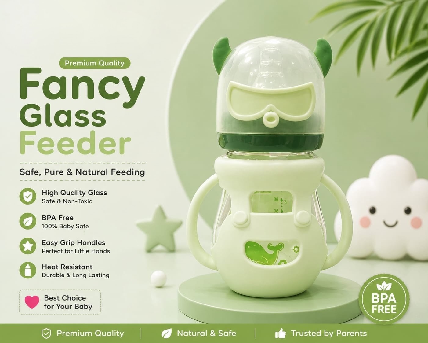 Premium Fancy Glass Feeder with Goggles Cap & Protective Cover