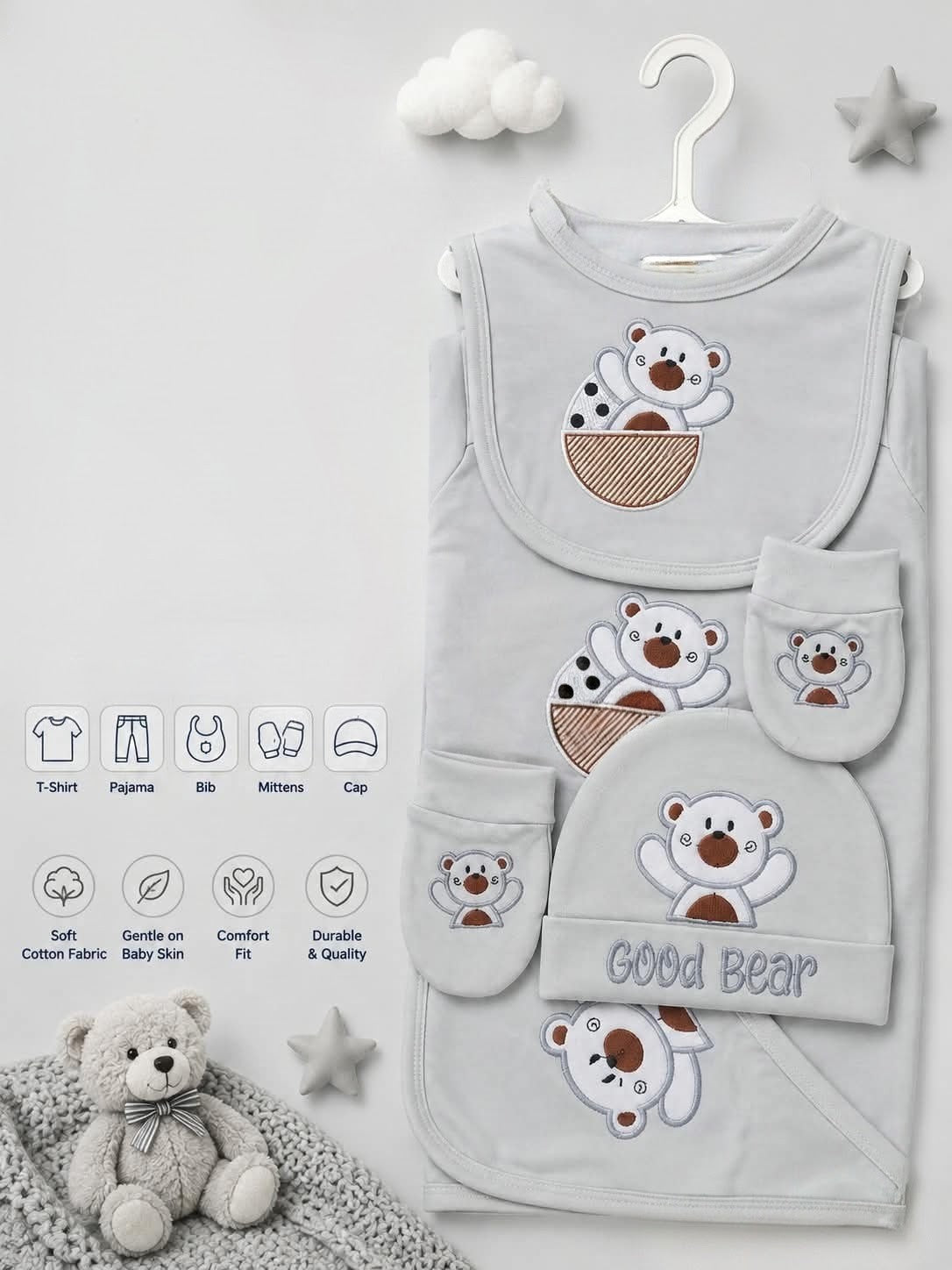 🧸✨
Premium 5-Piece Newborn Cotton "Good Bear" Gift Set (T-Shirt, Pajama, Bib, Mittens & Cap)