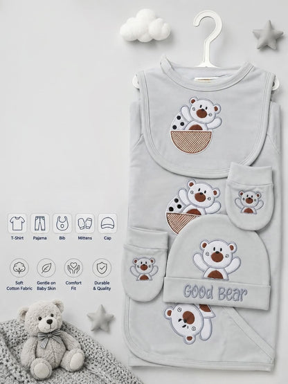 🧸✨
Premium 5-Piece Newborn Cotton "Good Bear" Gift Set (T-Shirt, Pajama, Bib, Mittens & Cap)