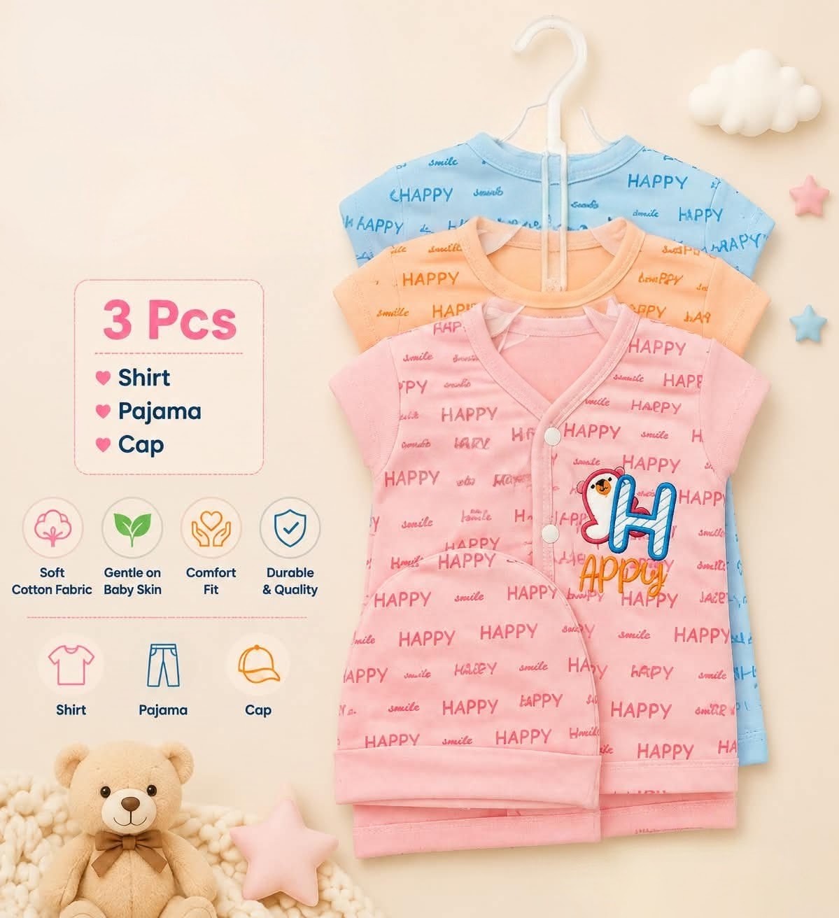 Soft Cotton 3-Piece Baby Suit Set (Shirt + Pajama + Cap) pack of 3