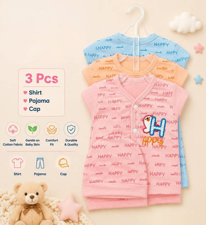 Soft Cotton 3-Piece Baby Suit Set (Shirt + Pajama + Cap) pack of 3