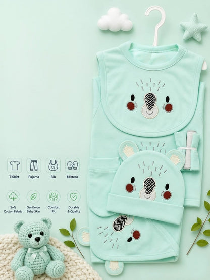 Premium 5-Piece Newborn Cotton Koala Face Gift Set (T-Shirt, Pajama, Bib, Mittens & Cap)