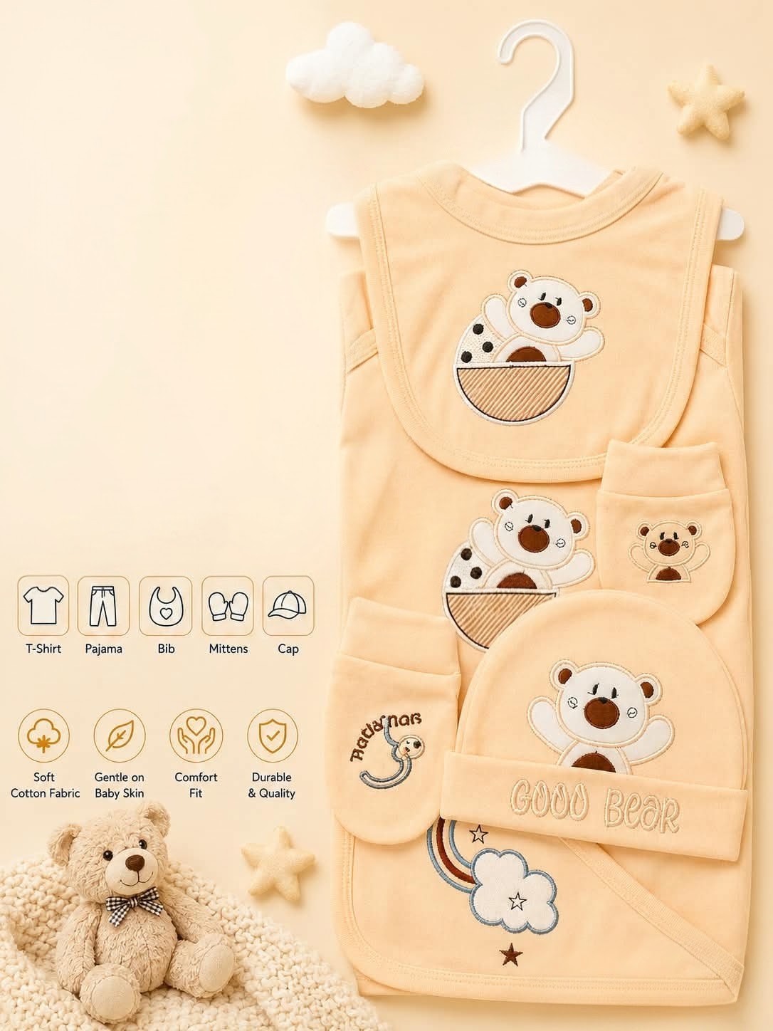 🧸✨
Premium 5-Piece Newborn Cotton "Good Bear" Gift Set (T-Shirt, Pajama, Bib, Mittens & Cap)