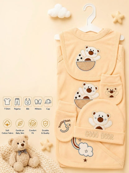 🧸✨
Premium 5-Piece Newborn Cotton "Good Bear" Gift Set (T-Shirt, Pajama, Bib, Mittens & Cap)