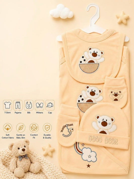 🧸✨
Premium 5-Piece Newborn Cotton "Good Bear" Gift Set (T-Shirt, Pajama, Bib, Mittens & Cap)